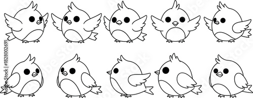 Cartoon birds in various poses, black and white doodle style, simple hand-drawn animal characters for kids and design projects