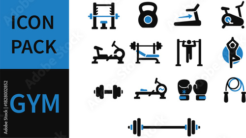 Gym icon pack featuring various fitness equipment and exercise-related symbols for design.