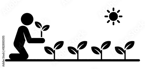 Person planting seedlings in a row under the sun, symbolizing growth, development, agriculture, new beginnings, and environmental care icon vector.