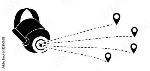 Surveillance camera monitoring multiple geographic points with data lines to location pins, symbolizing widespread security, tracking, and network coverage.