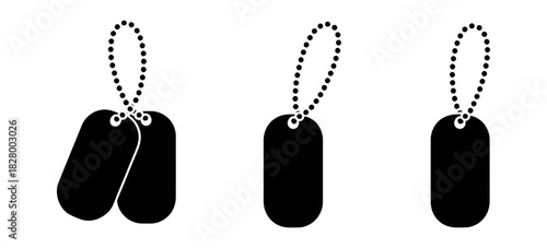 Military dog tag silhouette set: icons of single and paired army identification tags on chains, symbolizing veteran honor, duty, and soldier service