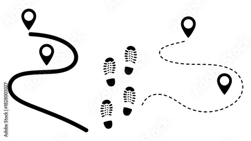 Journey navigation concept: solid and dashed paths with location pins, and footprints illustrating travel, exploration, route planning and choices.
