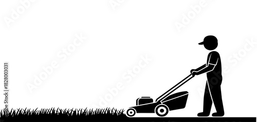 Simple silhouette icon of a person wearing a cap, pushing a lawnmower to cut grass, symbolizing outdoor yard work and garden maintenance activity.