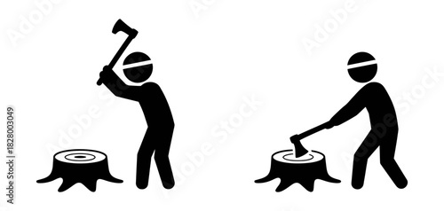 Person chopping wood with an axe, depicting forestry work, labor, and the action of felling trees or processing timber, isolated on white background.