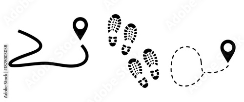 Path, journey, and navigation concept with map pin icons, curved lines, and boot footprints, illustrating routes, directions, travel, and exploration.