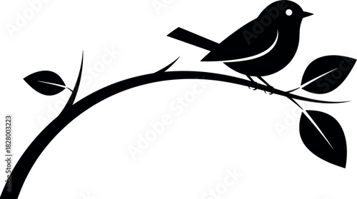 Minimalist black bird silhouette perched on curved tree branch with leaves, elegant nature design for decorative vector art content
