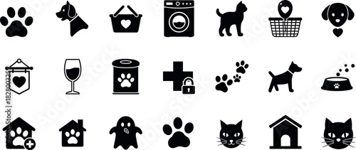 Pet care icons set with dog, cat, paw print, food bowl, shelter, carrier, vet symbol, and home elements.