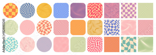 Groovy checkered pattern, colorful tiled grid. Vintage wavy curved backdrop, distortion effect. Funky geometric chessboard texture, retro background in 90s style, y2k. Vector illustration