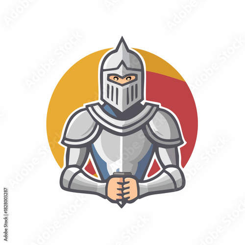 Cartoon Knight Mascot Logo with Armor and Sword Against a Colorful Backdrop Design