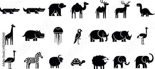 Set of black animal silhouette icons featuring wild, domestic, aquatic, and prehistoric creatures in minimalist vector style for design use.