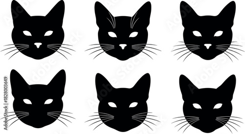 Set of six black cat face silhouettes with different expressions, ideal for pet, animal, and feline themed vector designs.