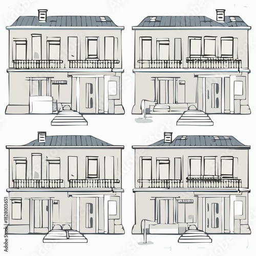 Charming Collection of Detailed Two-Story Home Illustrations with Balconies and Entrances