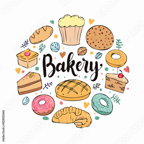 Charming hand-drawn bakery illustration featuring a delightful assortment of pastries and treats