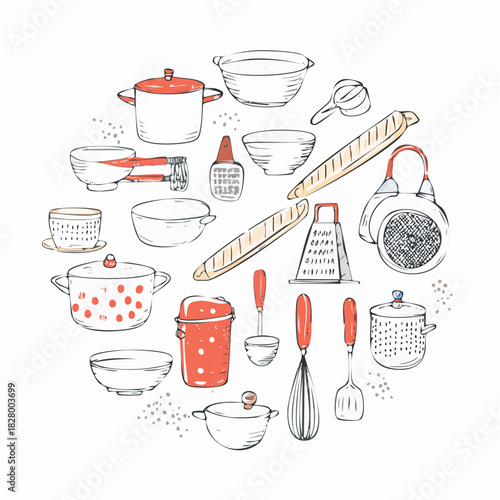 Charming kitchen utensil sketch collage showcasing an assortment of cooking elements