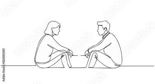 Continuous line drawing of a man and woman sitting on the floor talking.