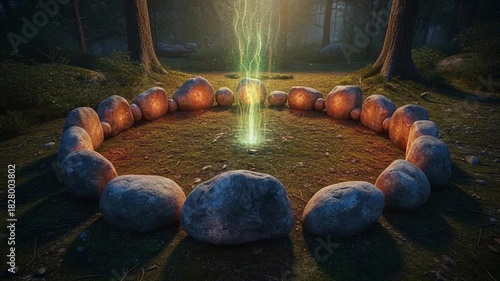 森の石のサークルから立ち昇る緑の神秘的な光：ループ