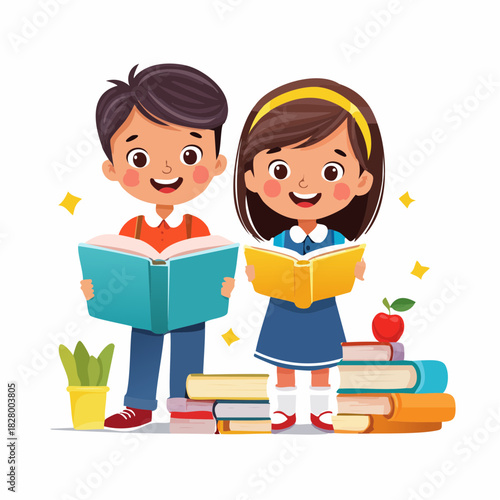 Cheerful children reading books together in a bright educational setting illustration
