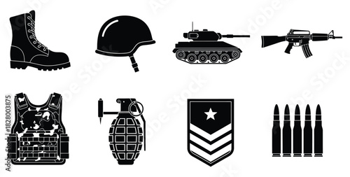 Military equipment and supplies isolated on white background, including boots, helmet, tank, rifle, vest, grenade, insignia, and bullets for armed forces