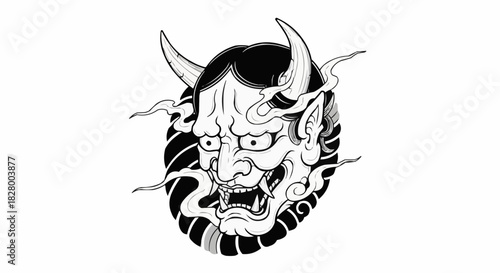 Japanese Hannya Mask Traditional Tattoo Style Illustration.