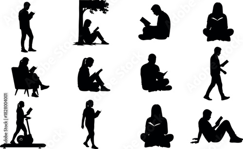 Silhouette people reading books in various poses, sitting, walking, relaxing, under tree, indoor and outdoor lifestyle education concept