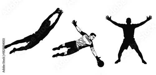 Silhouette of goalkeeper in action, diving to save the ball and celebrating victory isolated on white background