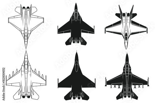Silhouette of military aircrafts isolated on white background, showcasing fighter jets, interceptors, and strike aircrafts in a stepdown view, perfect for aviation enthusiasts