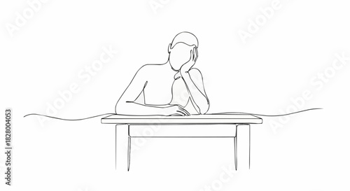 Pensive individual resting head on hand at a table.
