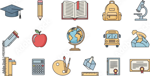 Flat design education icons with school supplies and learning