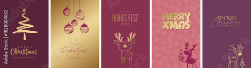 5 moderne und niedliche Weihnachtskarten Motive (Din Format) "Frohes Fest", "Frohe Weihnachten", "Merry Christmas". Schöne Typo, Font & Symbol komplett als Pfade