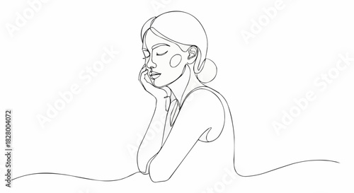 Contemplative woman in a minimalist line art style with closed eyes and a thoughtful pose.