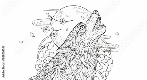 Detailed black and white line art illustration of a majestic wolf howling.