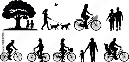 Silhouette vector of people enjoying outdoor activities like walking, cycling, parenting, and nature scenes in park or urban setting.
