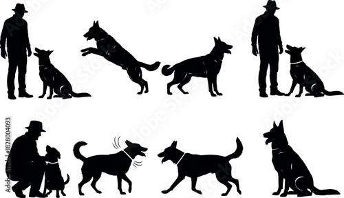 Silhouette scenes of dog training, pet interaction, obedience, companionship, and behavior with human figures in various poses and actions.