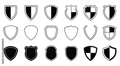 Collection of shield icons in various styles, perfect for security, protection, and heraldry designs isolated on white background