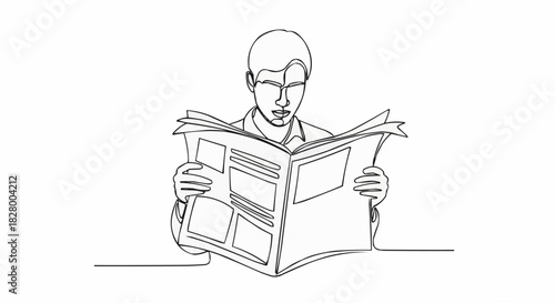 Continuous line drawing of a man reading a newspaper with focus.