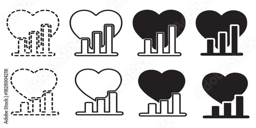 Heart rate monitor icons set, showing heart shape with bars, in different styles.
