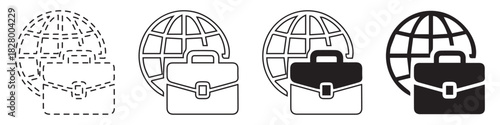 Four variations of a logo depicting a globe behind a briefcase, progressing from dotted lines to solid black.