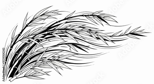 Stylized Black and White Illustration of Bamboo Stalks with Leaves.