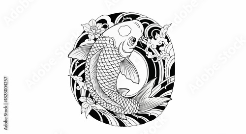 Elegant Koi Fish Illustration with Floral and Wave Accents in Circular Design.