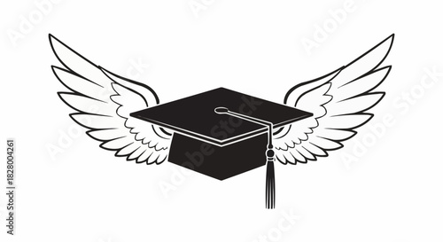 Black graduation cap with feathered wings vector illustration.