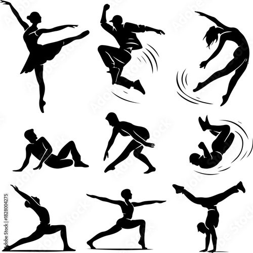 Collection of silhouette dancers performing various styles including ballet modern and breakdancing with dynamic poses and energetic movements on a white background
