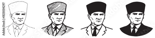 Four portraits of a man wearing a hat, in different styles of drawing.