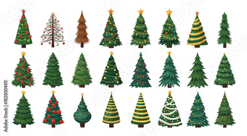 Set of various christmas trees isolated on white background collection of different fir trees decorated with star, garland, ball, and other ornaments for holiday season