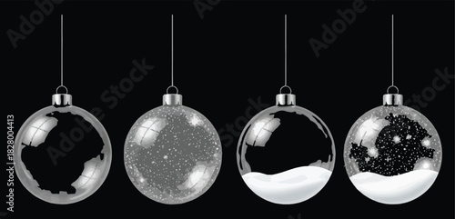 Four silver christmas ornaments with different fillings, including a dark silhouette, glitter, snow, and a snowy scene, on a black background