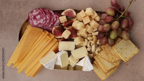 cheese on platter with grapes and nuts concrete top view zoom food.