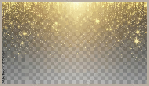 Golden glitter sparkles and stars falling on a transparent background, creating a magical and festive atmosphere for celebration and design
