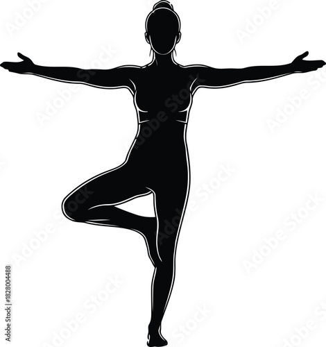 Female silhouette practicing vrksasana yoga pose for balance