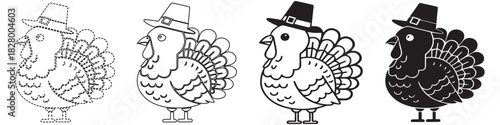 Four turkey illustrations wearing pilgrim hats, in varying shades of black and white.