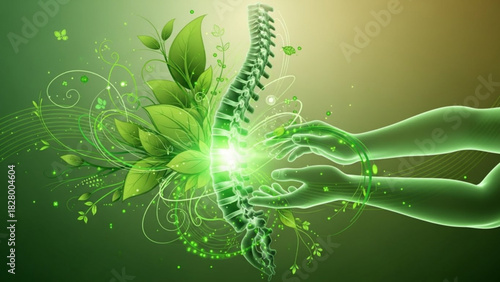 Green illustration featuring a spine, hands, leaves, and swirls in a vibrant, holistic design style