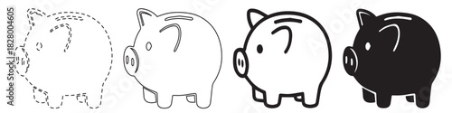 Four piggy banks in different styles, from dotted outline to solid black, showing progression or stages of saving.